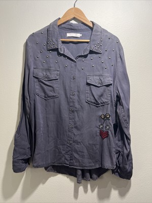 NWT Billy T Embroidered Floral Shirt Size XL Gray Button Up Roll Tab Sleeves