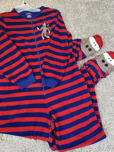 NICK & NORA Sock Monkey One Piece Pajamas Sleepwear Footed Adult Small Full Zip