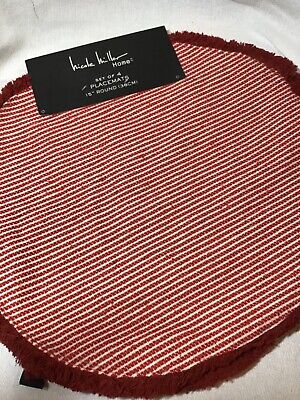 NICOLE MILLER HOME PLACEMATS RED WHITE STRIPE FRINGE 15 INCH ROUND  COTTON NWT
