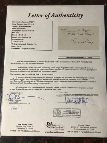 President Ronald Reagan Signed JSA Certified Handwritten Note Auto