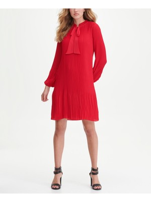

DKNY Женское красное плиссированное короткое вечернее платье с длинными рукавами и завязками на шее + расклешенное платье, Красный