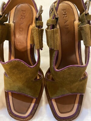 Prada Suede Slingback Sandals Stack Heels Size 35M Excellent Condition