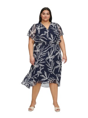 DKNY Womens Navy Lined Waist Flutter Sleeve Midi Hi-Lo Dress Plus 18W