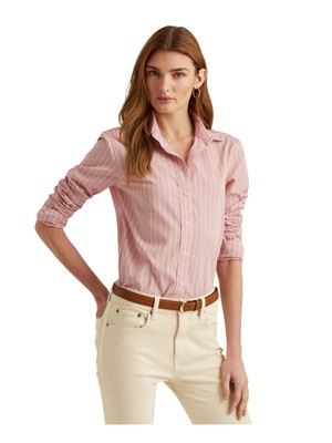 

Женский розовый топ в полоску с манжетами и воротником на пуговицах RALPH LAUREN Petites