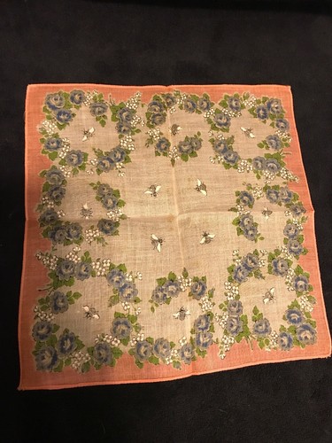 Vintage Pink Edge with Blue Roses and Bees Ladies Handkerchief/Hankie