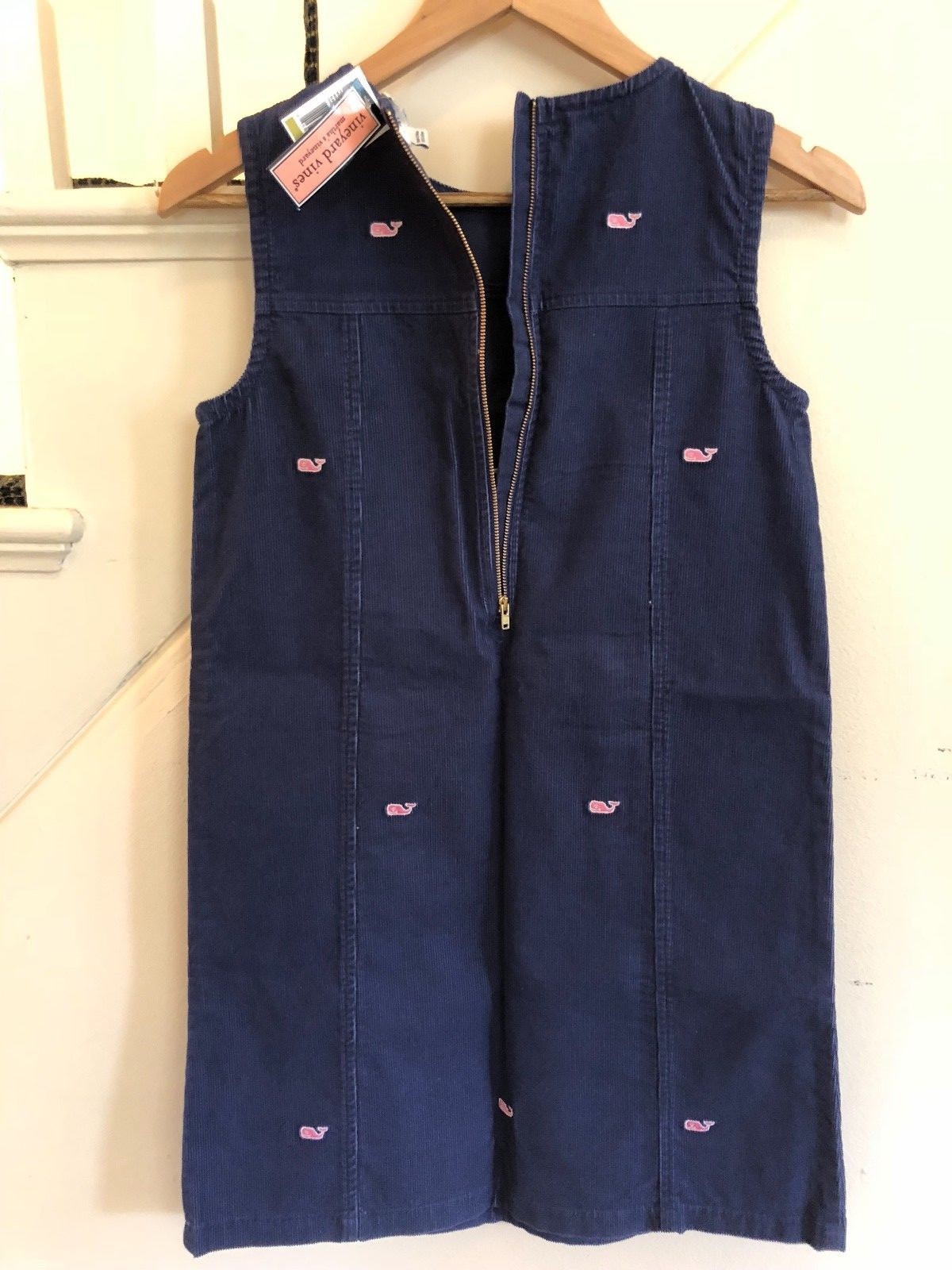 Vineyard Vines Girls Corduroy Jumper Dress Navy Blue w tiny whales Size 14 NEW