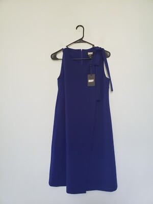 DKNY Womens 6 Sheath Dress Blue Blk $134 Retail Shoulder Bow Business Career NWT