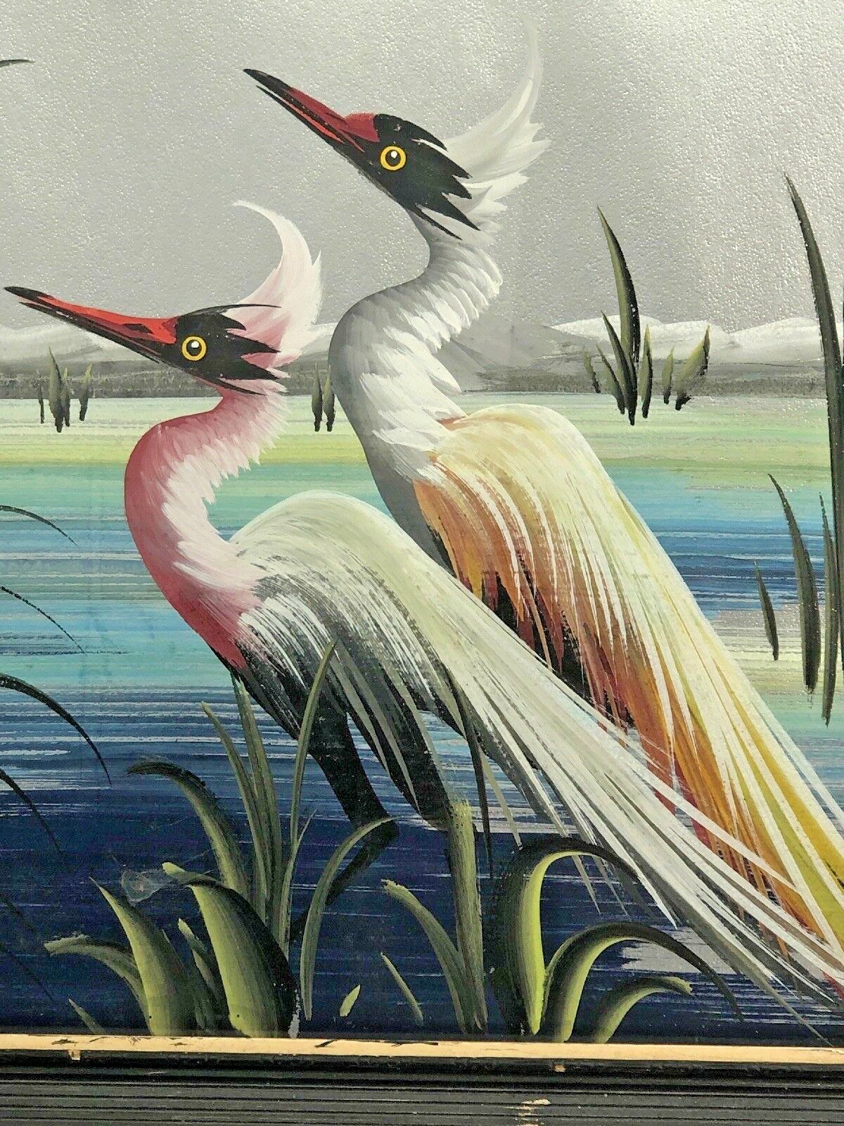 Old Unique Painting Two Heron Birds Audubon Art Framed
