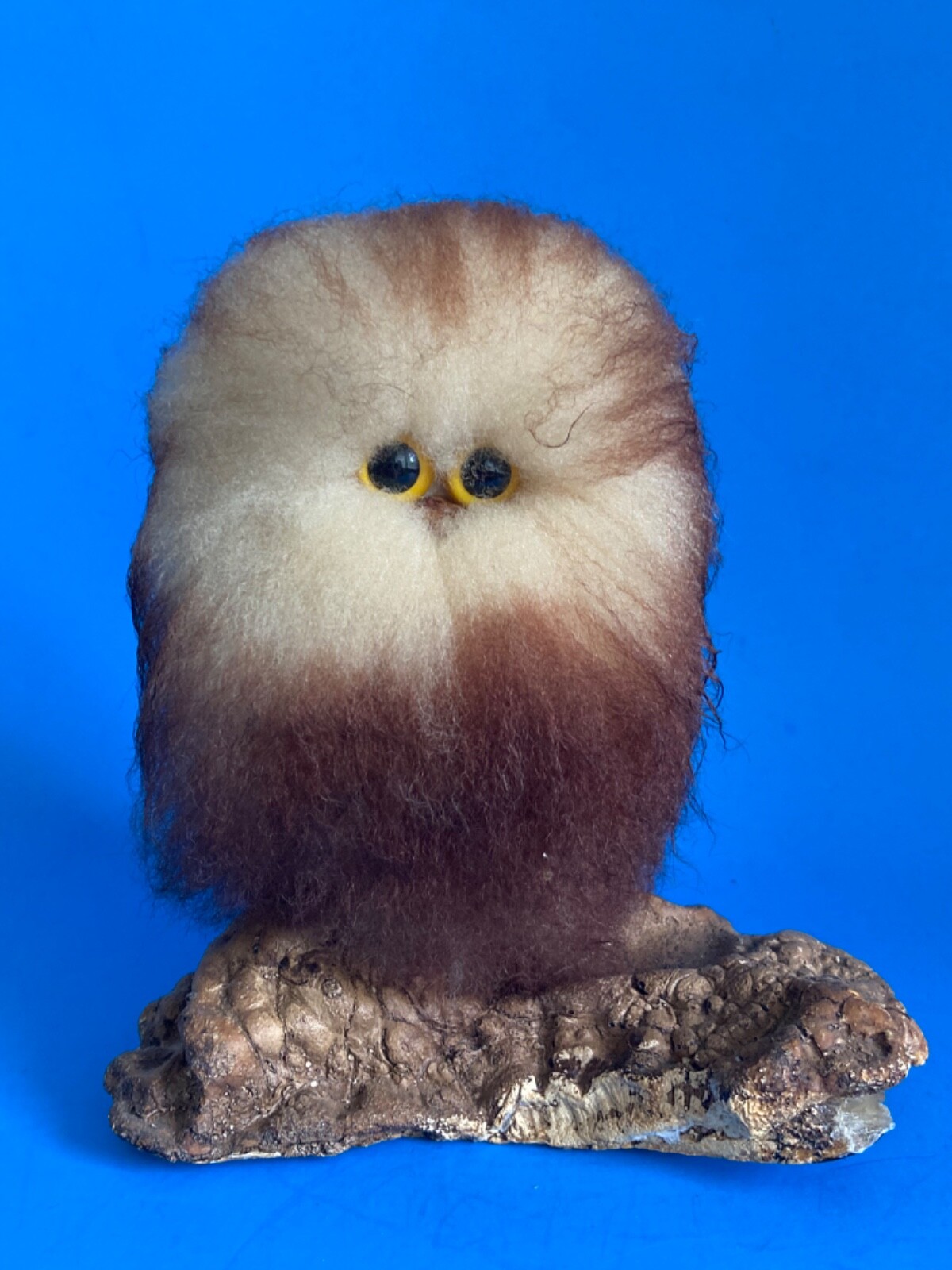 Vintage 1970s Fuzzy Spun Wool Owl Figurine on Wood 6 3/4