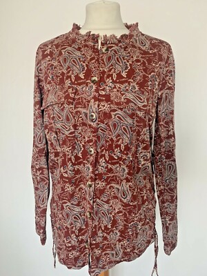 Women Vero Moda Brown Blouse Long Sleeves Paisley Print Top Side Lace Shirt 10UK