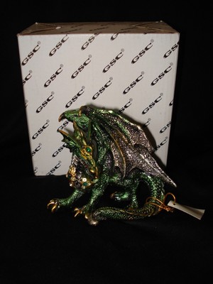 MEDIEVAL COLLECTIBLE DRAGON FIGURINE STATUE Green Gold & Silver Metallic Paint