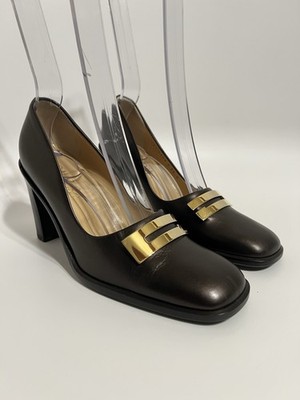 Vtg Gucci Brown Leather G Logo Heels 36