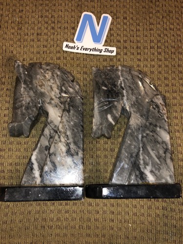 Genuine Onyx Horse Head Bookends - Chess Piece Design Grey/Black
