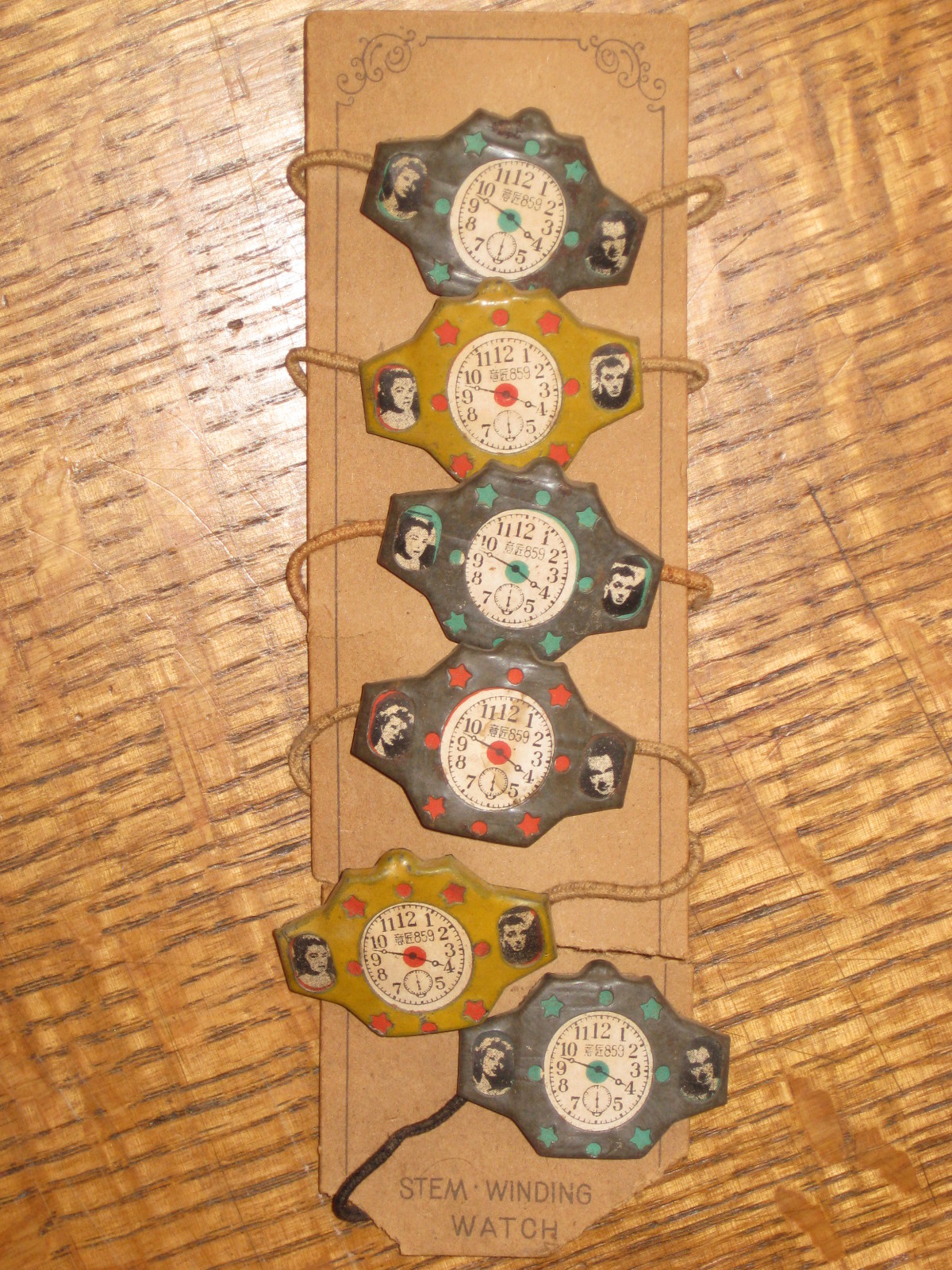 Occupied Japan Tin Toy Watches Lot o 6 Carded Novelty Movie Stars Unused Stamped