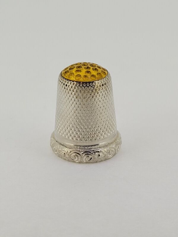 Antique Sterling Silver Thimble With Decorative Yellow Acrylic Top  26955-13
