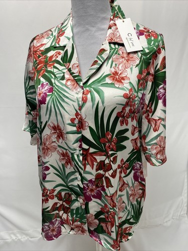 Scye　Wool Tropical Blouse ZXZY Women Soft Dressy Floral Printed Button Down Tropical