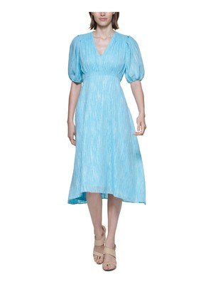 

CALVIN KLEIN Женское голубое платье миди с пышными рукавами на подкладке + расклешенное платье, Light blue