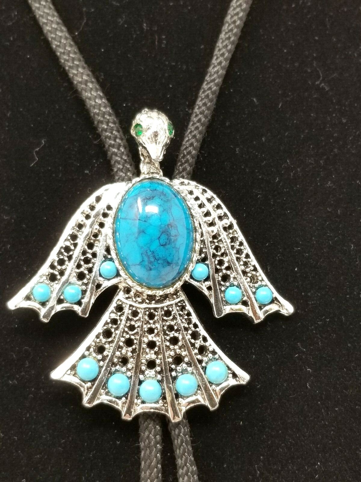 Bolo Tie Phoenix Bird Turquoise Western Cowboy Green Rhinestones Eyes