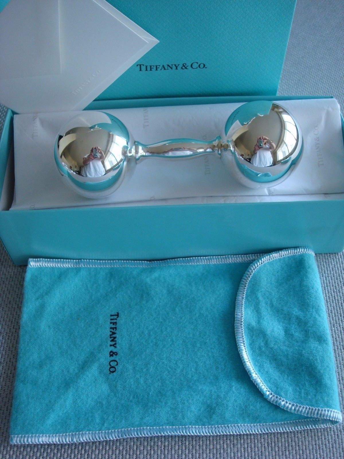 TIFFANY sterling silver ~ NEW ~ LARGE BABY RATTLE BARBELL ~ pouch,box,card
