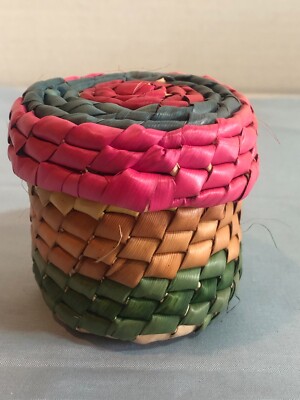 Multicolor Handmade Mini Straw Woven Trinket Basket Decor with Lid #F62
