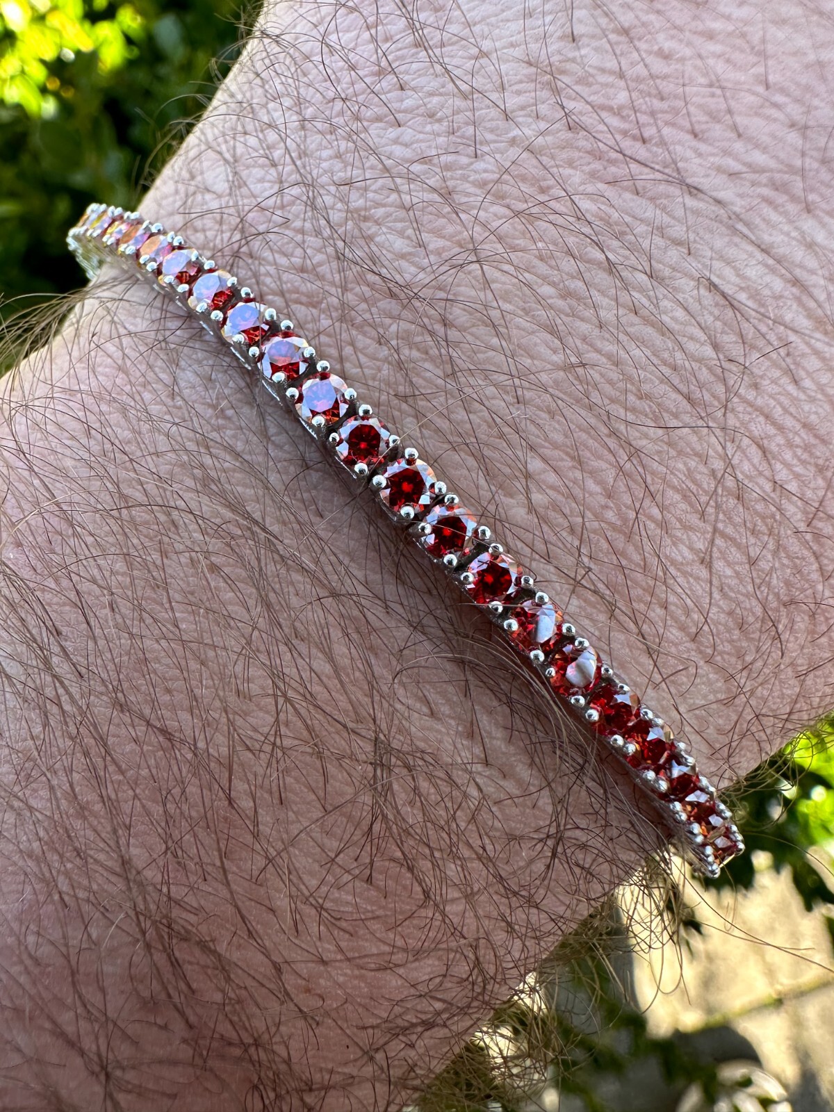 Pre-owned Silver Real Iced Ruby Red Moissanite 3mm Tennis Bracelet 925  Pass Diamond Test