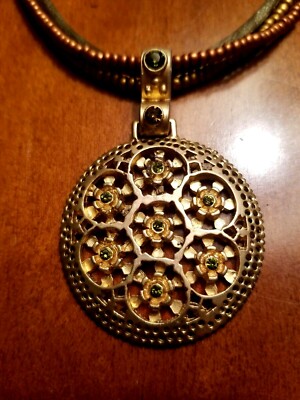 Premier Designs Triple Strand ''Bamboo'' Necklace Pendant Green Rhinestones 