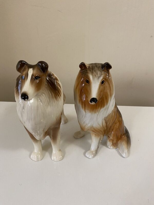 Vintage Melba Ware SHOW COLLIE  X 2 Pottery Dog Figurine 7” X 9”