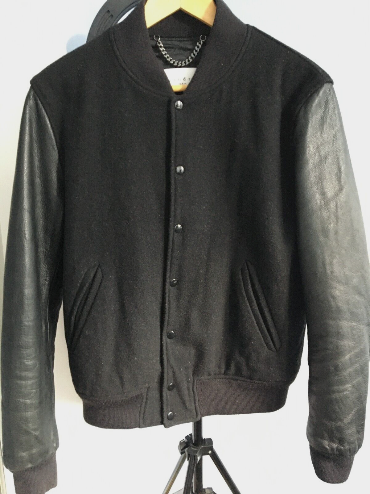 SANDRO Paris mens wool bomber varsity jacket leather sleeves