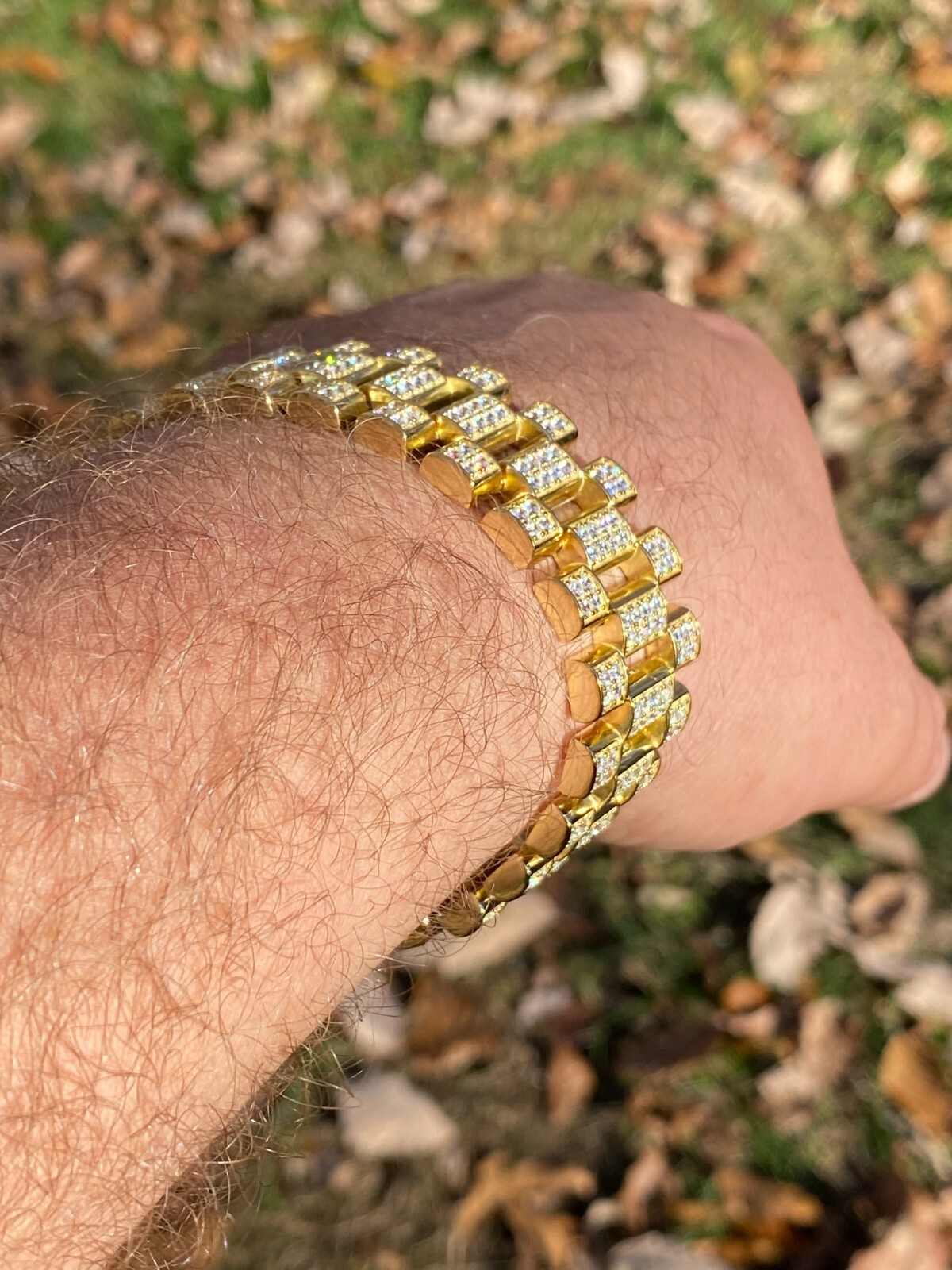 Pre-owned Silver Mens 14k Gold Plated Solid 925 Sterling  20mm Big Presidential Bracelet Cz