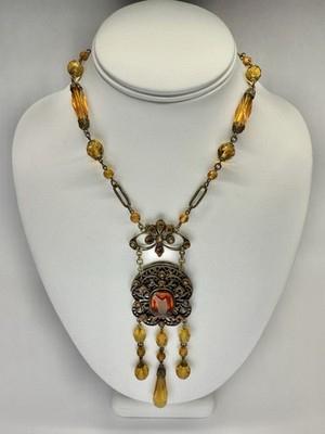 Art Deco Czech Amber Glass & Brass Beaded Pendant Vintage Necklace Jewelry N183