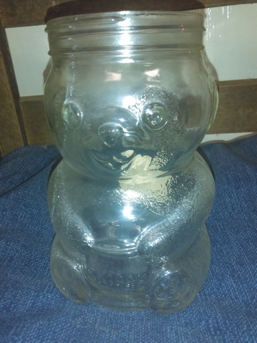 VINTAGE SKIPPY PEANUT BUTTER GLASS BEAR SHAPED JAR NO LID EMPTY NO BREAKS
