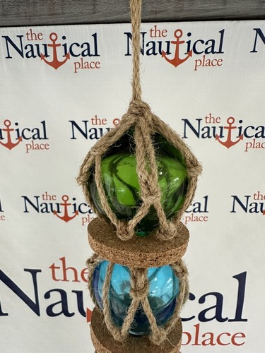 (5) 2" Glass Fishing Floats On Rope ~ Nautical Fish Net Decor ~ Green Blue Amber