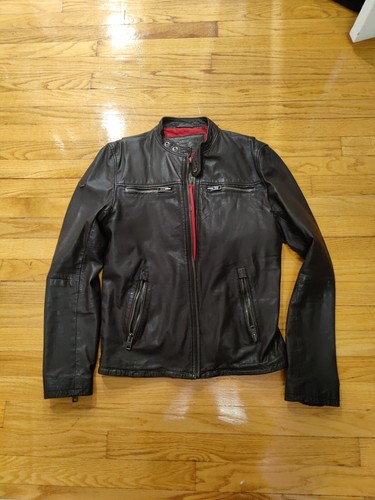 SUPERDRY mens Motorcycle LEATHER JACKET Az Small S Brown