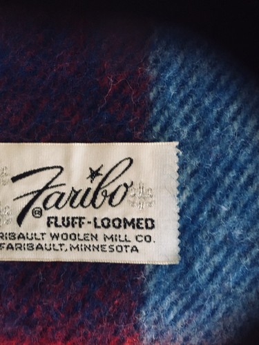 VINTAGE FARIBO Red/Blue/White WOOL PLAID STADIUM BLANKET 68 X 55”