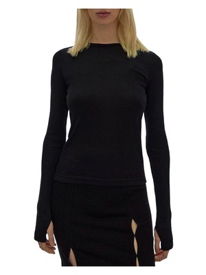 

HELMUT LANG Женский черный ребристый топ с круглым вырезом и манжетами с длинными рукавами