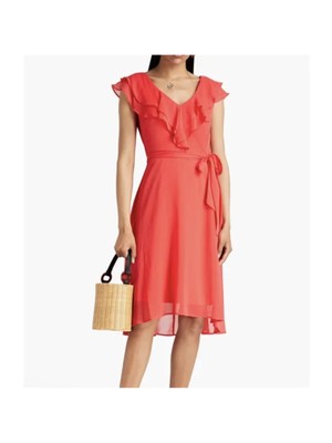 

DKNY Womens Coral Self Tie Belt Hi-lo Hem Flutter Sleeve Fit + Flare Dress, Коралл