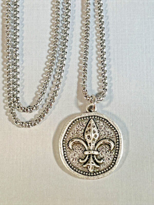 Fleur De Lis Medallion Coin ALL Stainless Pendant Chain 24  Necklace NEW 20% Off