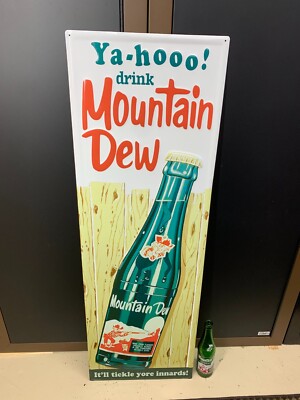 ''MOUNTAIN DEW'' EMBOSSED METAL ADVERTISING SIGN (42''x 14'') NEAR MINT CONDITION