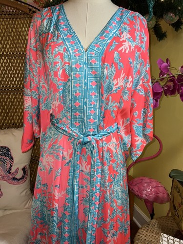 Pre-owned Lilly Pulitzer Carmynn Maxi Caftan Coral Spritz Shelly Bay Size Xs,s,m ? In Multicolor