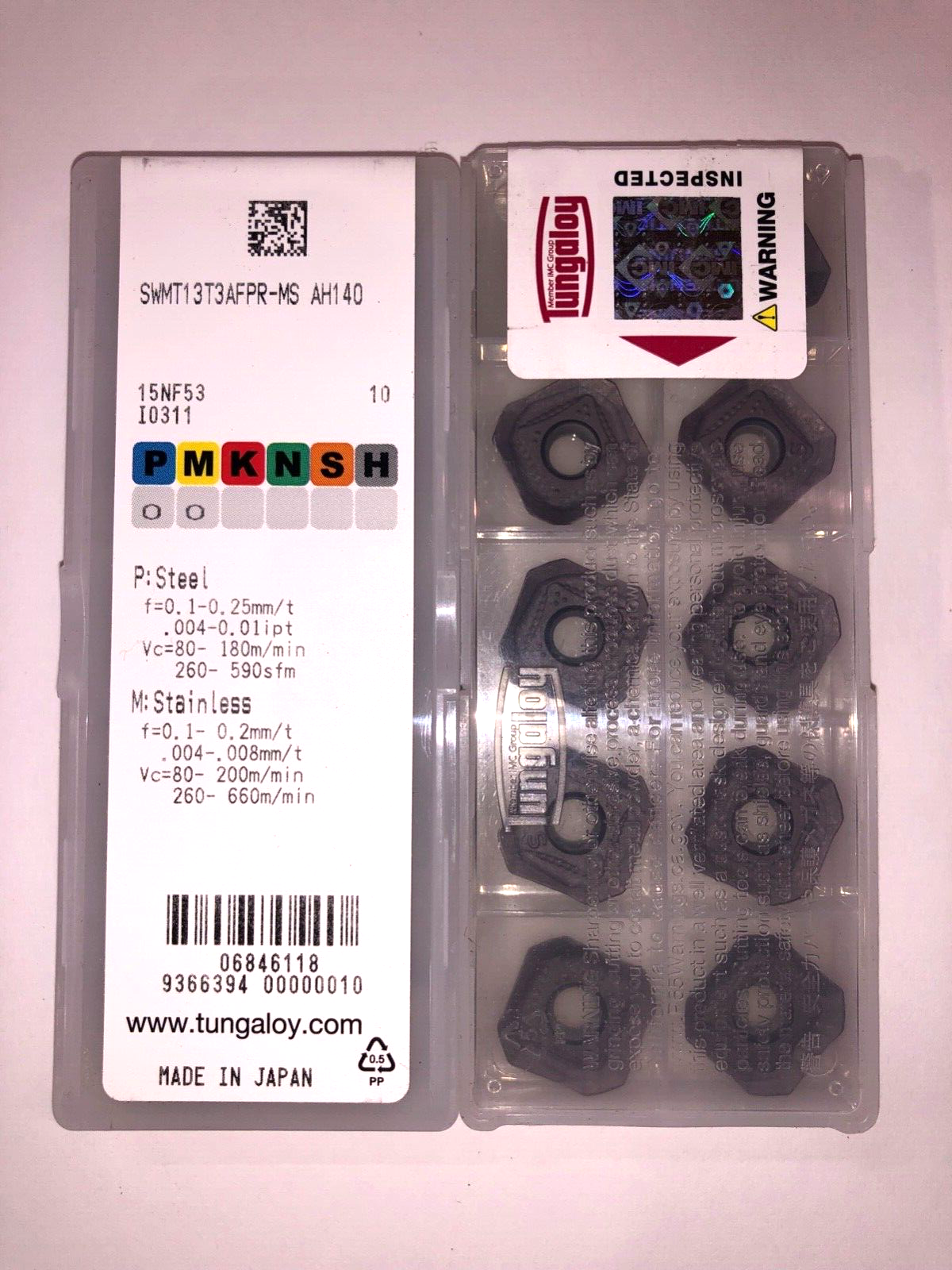 TUNGALOY CARBIDE INSERTS QUANTITY 10 SWMT13T3AFPR-S AH140