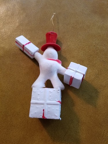 Vintage Lg Blow Mold Flock Christmas Ornament Snowman Top w/ Presents Modern Red