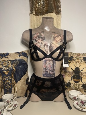 Bluebella Black Bra Set Lingerie UK 30DD - High Waisted Thong GString - UK 12