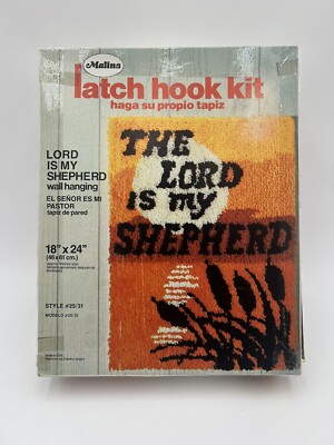 Vintage latch hook rug kit NIB The Lord is My Shepard orange yellow sunset