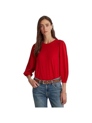 

RALPH LAUREN Женский красный топ с круглым вырезом и круглым вырезом со сборками, круглый низ
