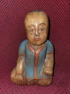 Antique Chinese Carved and Hand Painted Wooden Figure of Child
