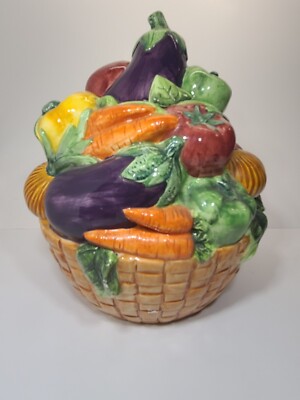 Vintage Ceramic Cookie Jar Vegetable Fruit Basket Hand Painted 