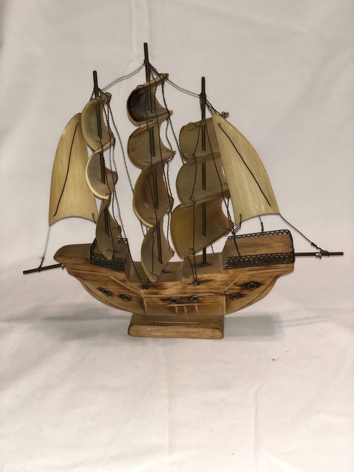 Vintage Ship Model/Bone Sails Wooden Base
