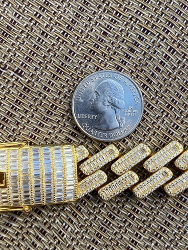 Pre-owned Silver 18mm Baguette Prong Cuban Chain 14k Gold Plated Solid 925  Heavy Hiphop Cz