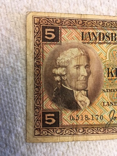 1928 ICELAND 5 KRONUR Note Antique Icelandic Money World Banknote Currency