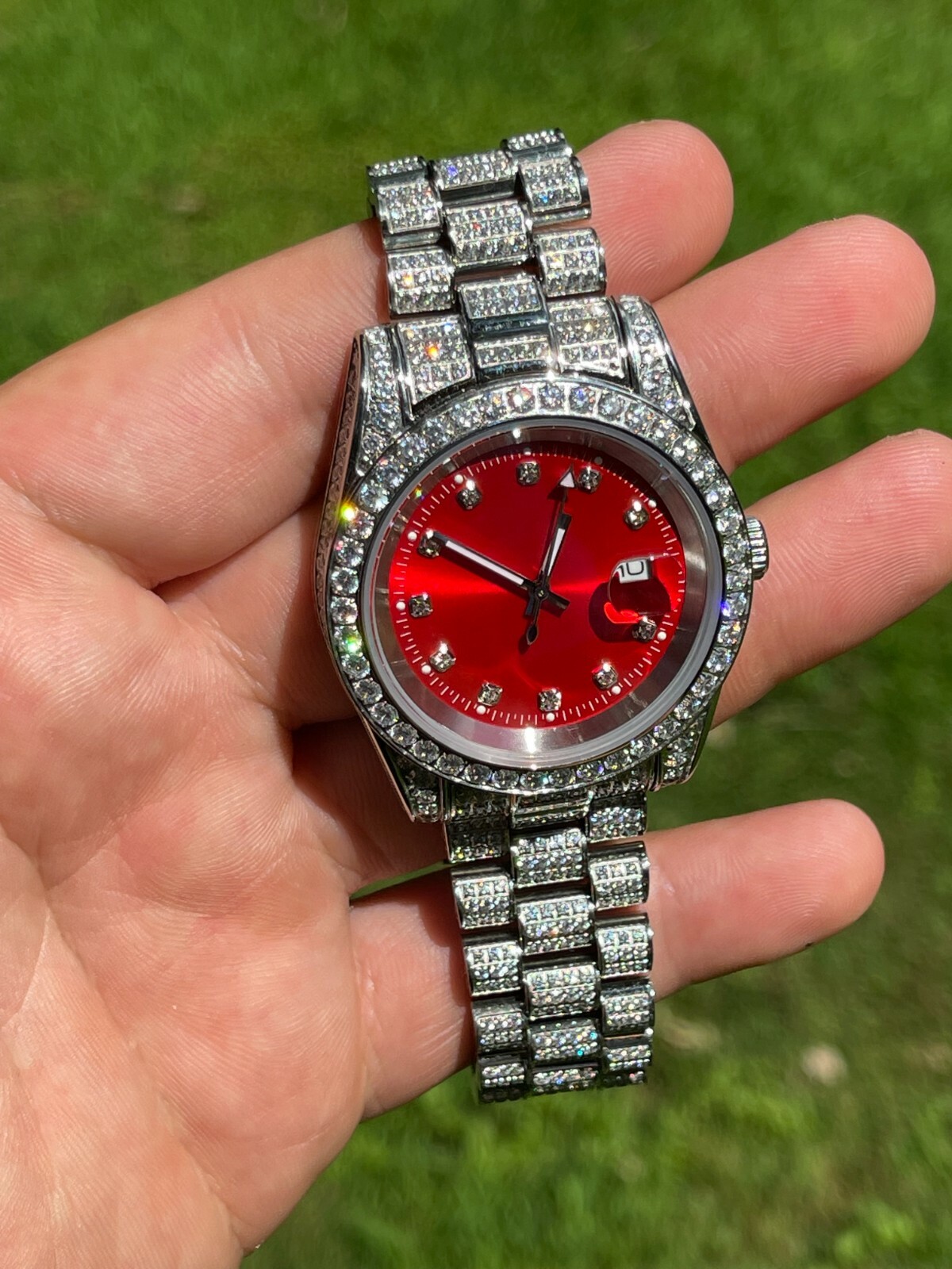 Pre-owned Harlembling Men Red Dial Presidential Real Ss 41mm Watch Fully Iced 12ct Flooded Out Cz